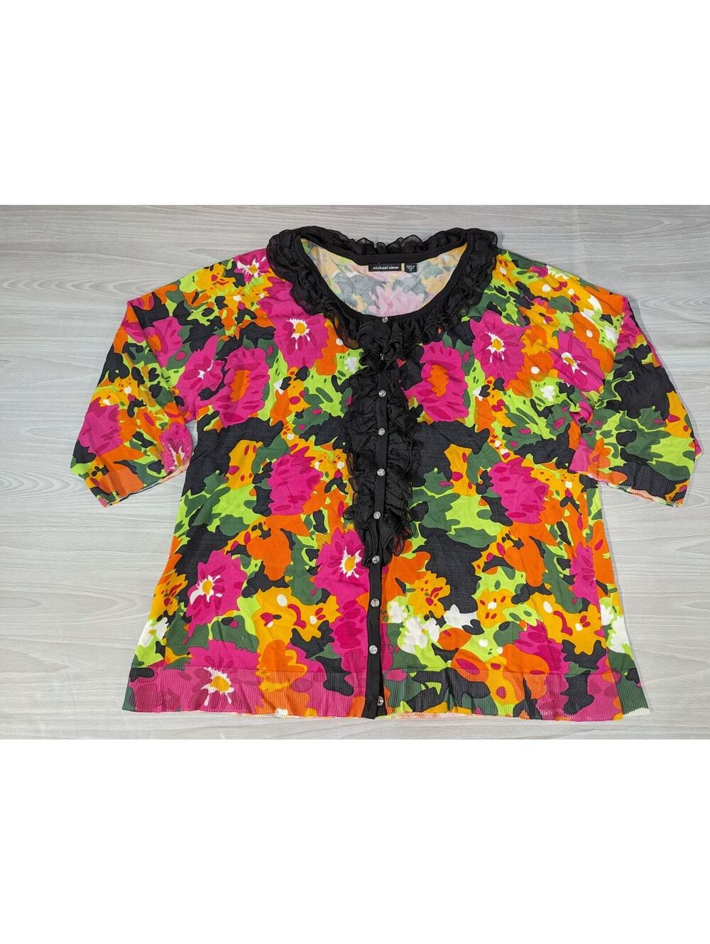 Michael Simon Shirt Top Lt Sweater PLus Size 2x XX Floral Bright Ruffle Stones
